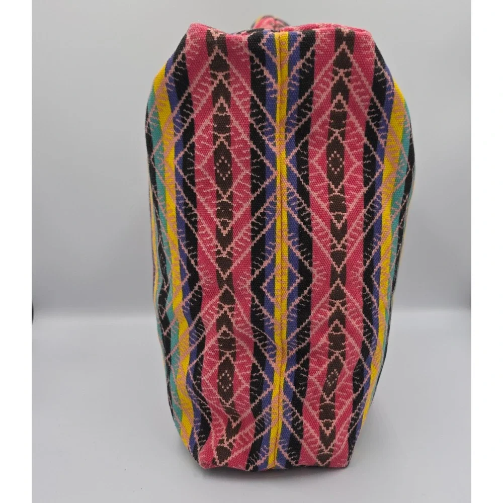 Boho Woven Tribal Print Beach Tote Bag Pink Yellow Rope Handles Zipper